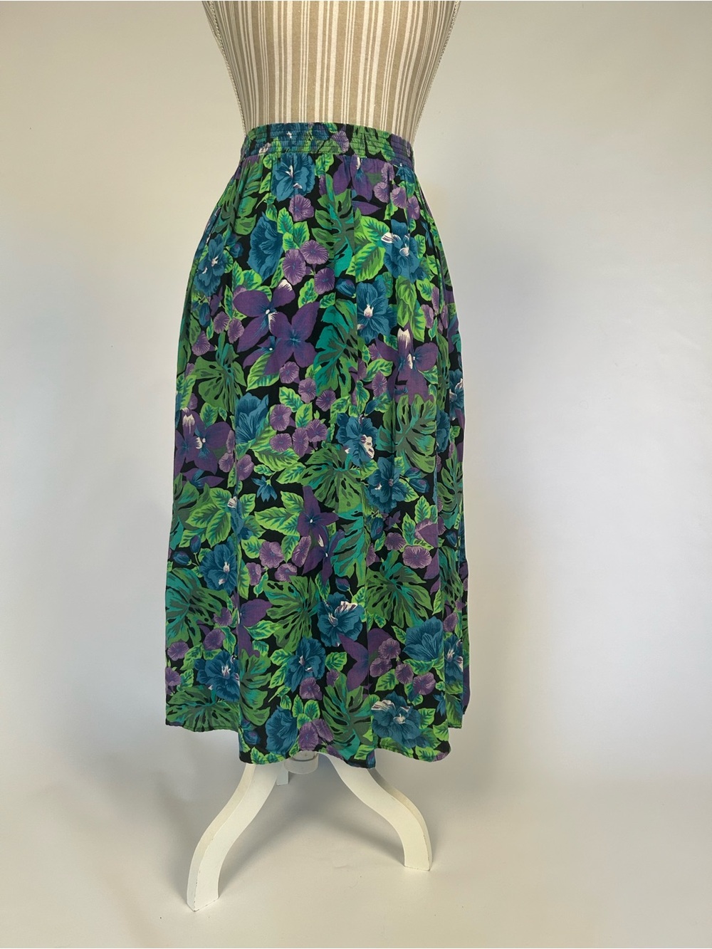 Green & Purple Tropical Floral Midi Skirt